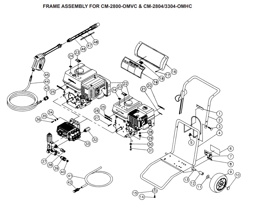 CM-2800,2804,3304 pressure washer replacement parts, pumps, repair kits, breakdowns & manuals